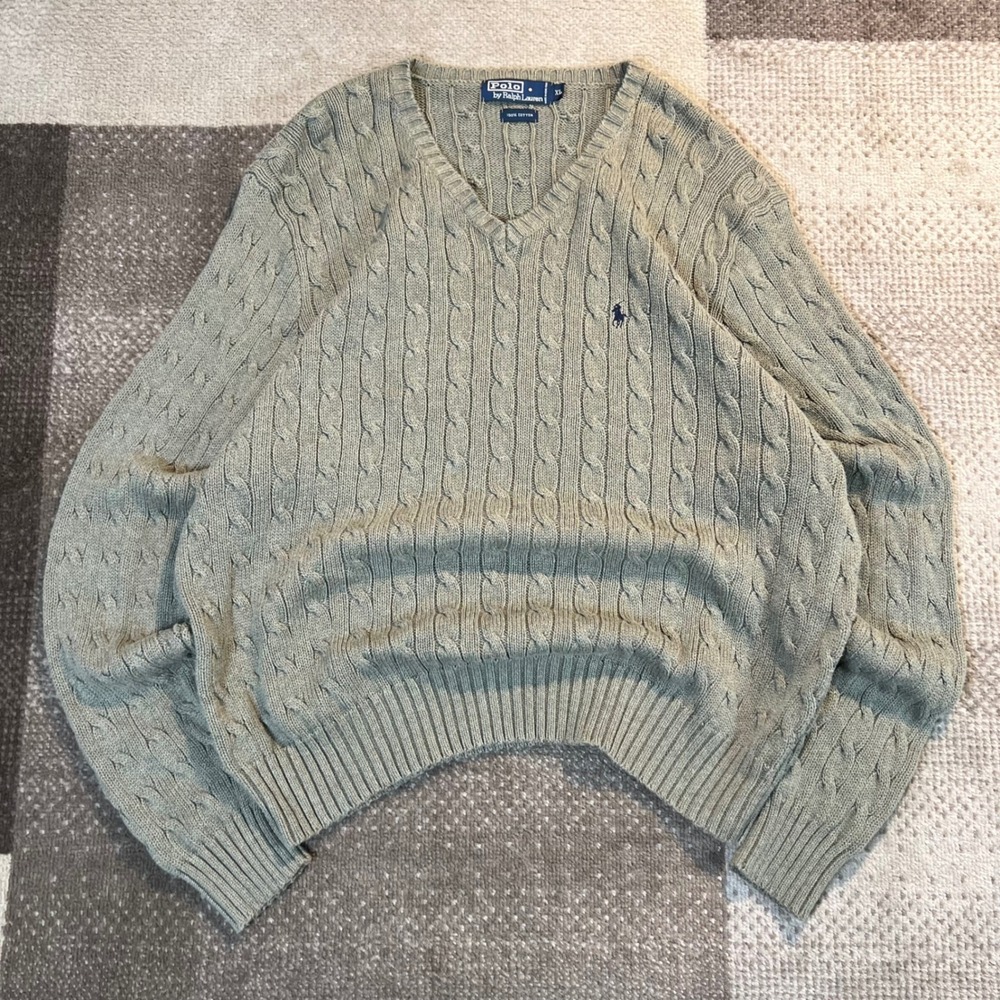 Vintage Polo Ralph Lauren Sweater Mens XL Sage Green Cable Knit V-Neck